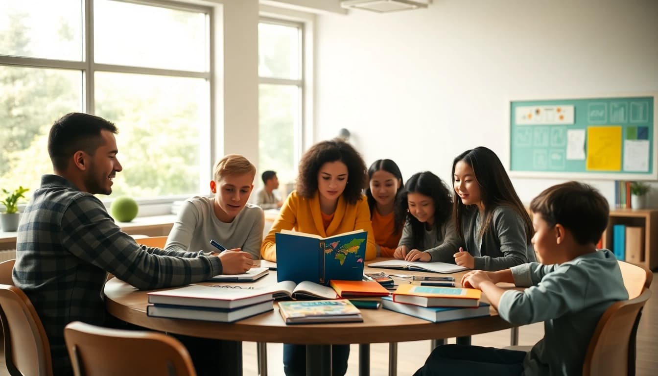 Students collaborating on Education activities in a vibrant classroom setting.