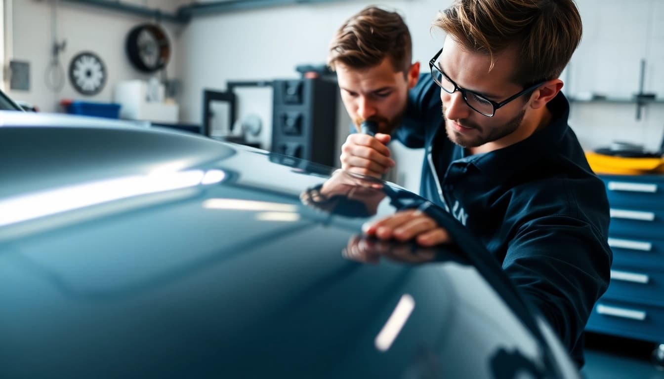 Apply ceramic coating near me for a glossy finish on a vehicle in a modern garage.