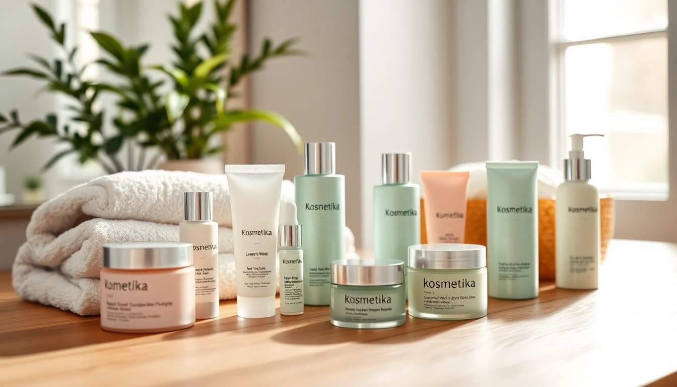 Kosmetika produktų stovas su natūralia apšvietimo atmosfera.