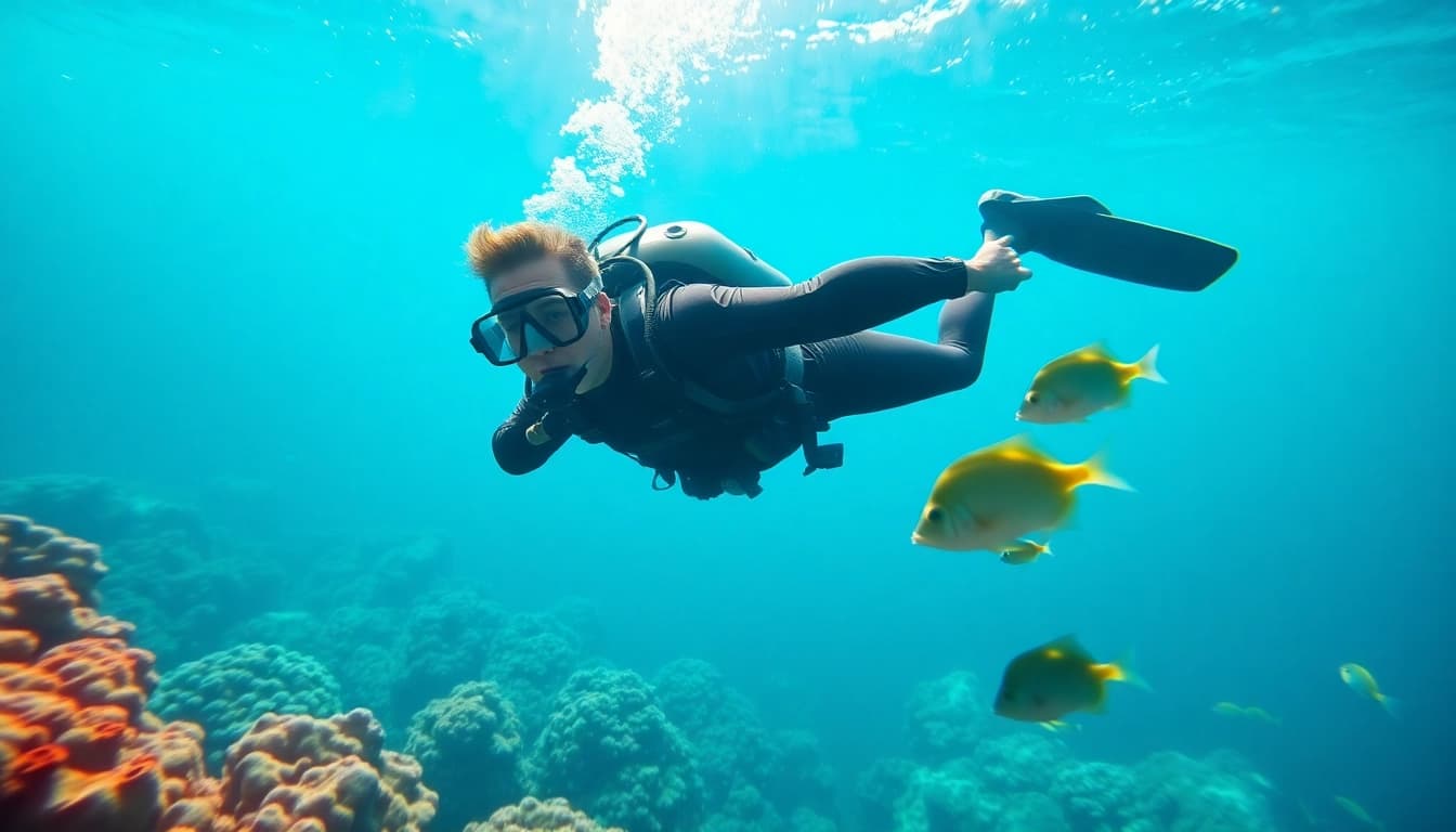 Schnuppertauchen: Diver exploring underwater reefs with vibrant marine life.