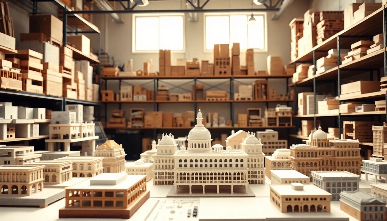 Architekturmodellbau Wiesbaden in einem professionellen Arbeitsraum mit kreativen Modellen und Werkzeugen.