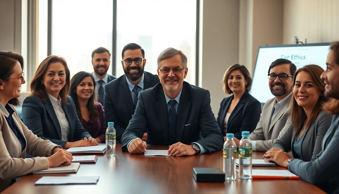 Engaged discussion on Corporate Ethics among diverse leaders in a modern conference room.
