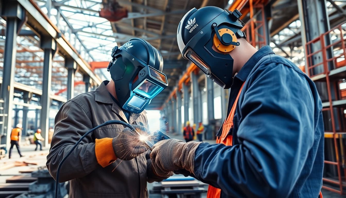 Welder executing structural steel welding technique on a construction site with precision.