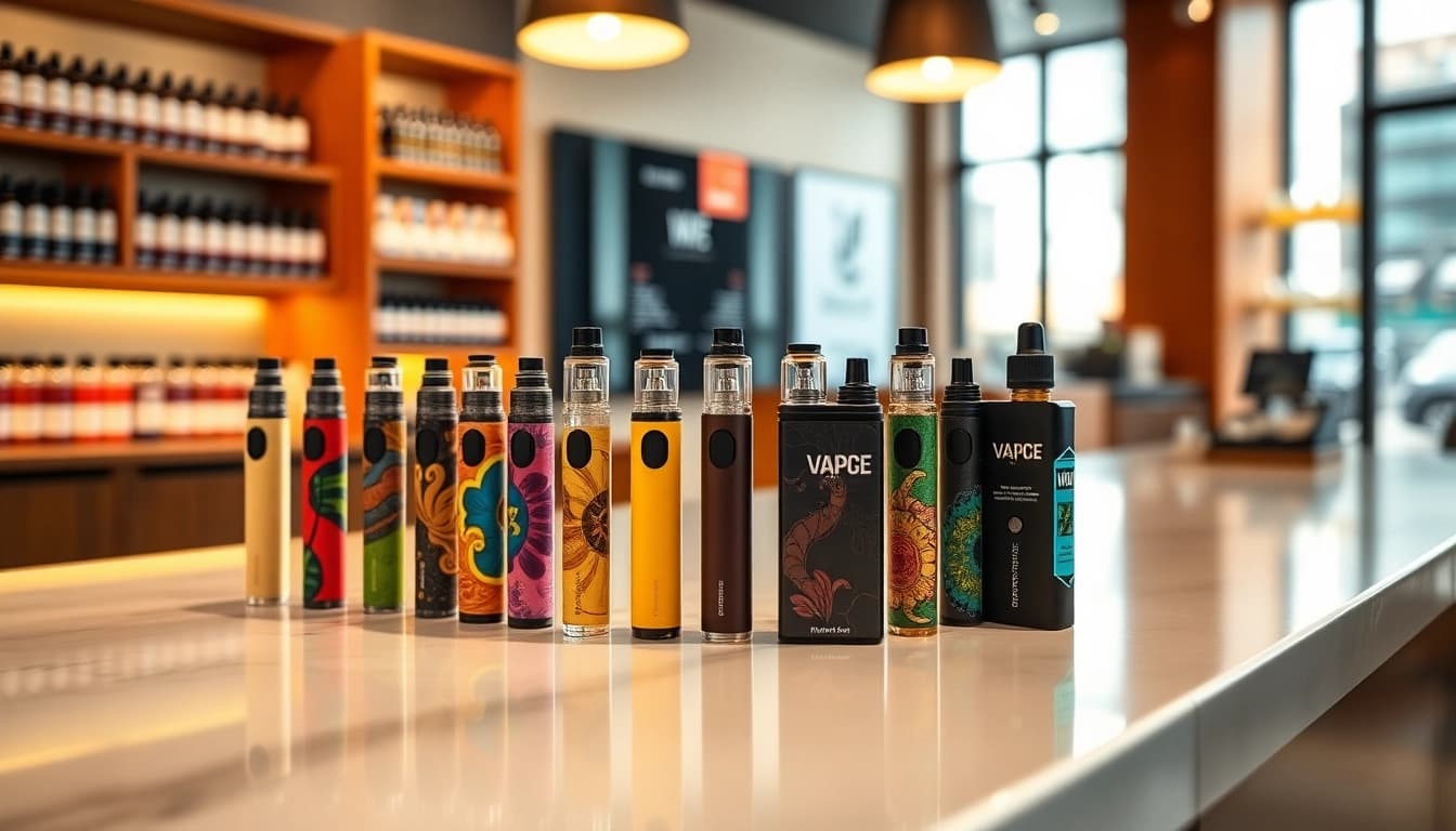 Showcase an array of Disposable Vape products displayed stylishly in a modern shop setting.