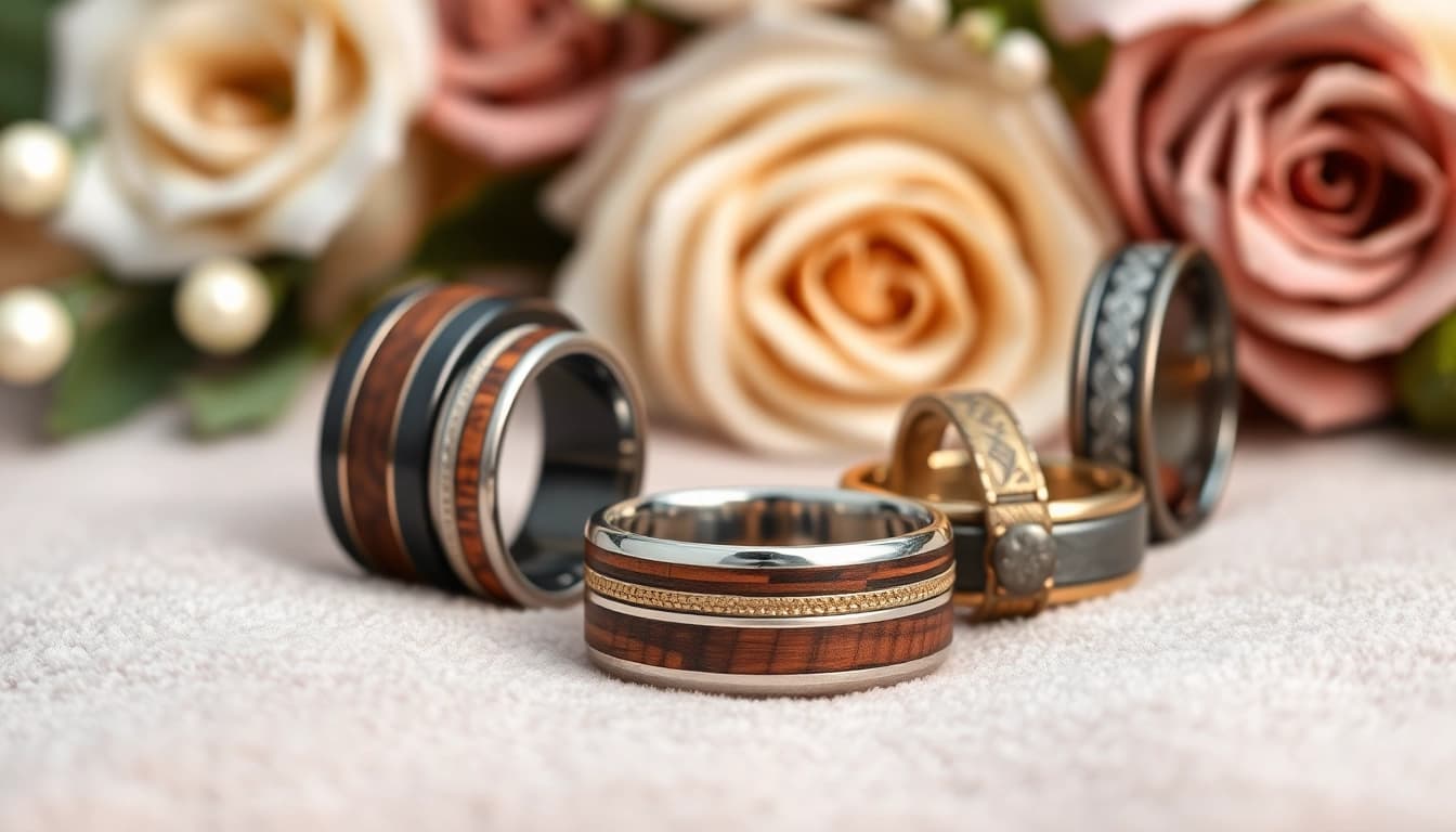 Showcase of Unique Wedding Bands for Men featuring craftsmanship and various materials.