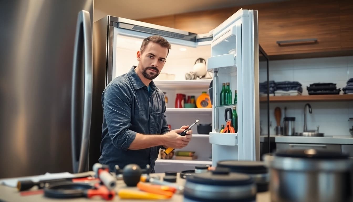 Expert technician performing refrigerator repair ottawa in a bright, organized kitchen.