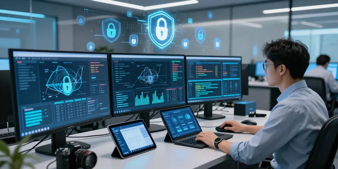 Cybersecurity analyst at shs-dome5.com monitoring digital security protocols in a modern control room.