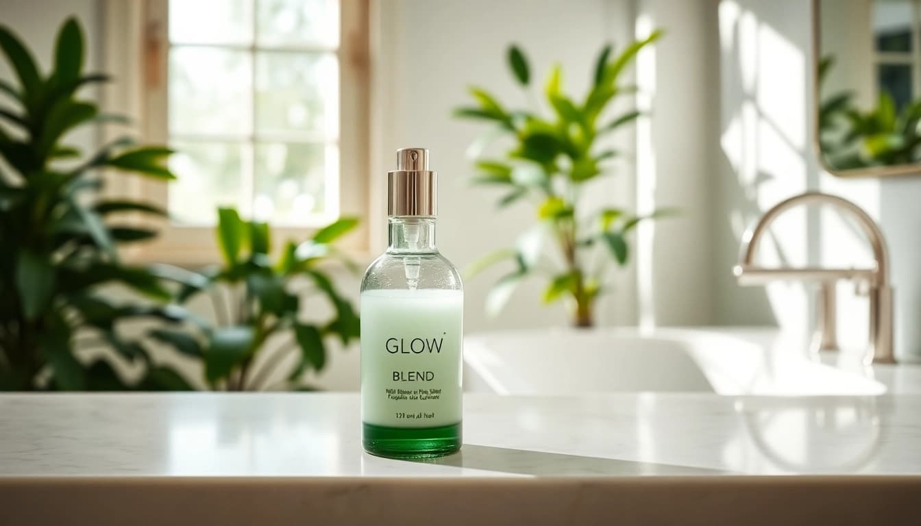 Glow Blend skincare product on marble countertop, exuding luxury and calmness.