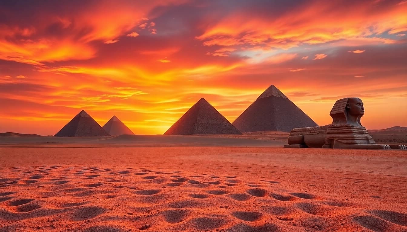 Piraminds prominently displayed against a breathtaking sunset, showcasing their grandeur and mystery.