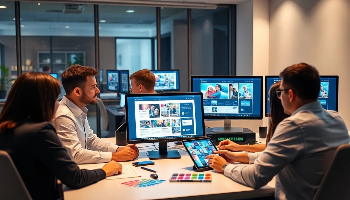 Professional team designing a custom website, emphasizing thiết kế website theo yêu cầu with modern technology.