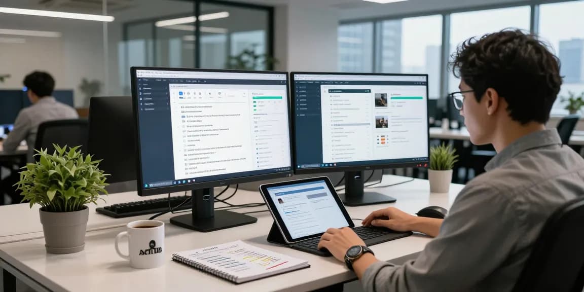 AI detector in action with an analyst monitoring content moderation data in a modern workspace.
