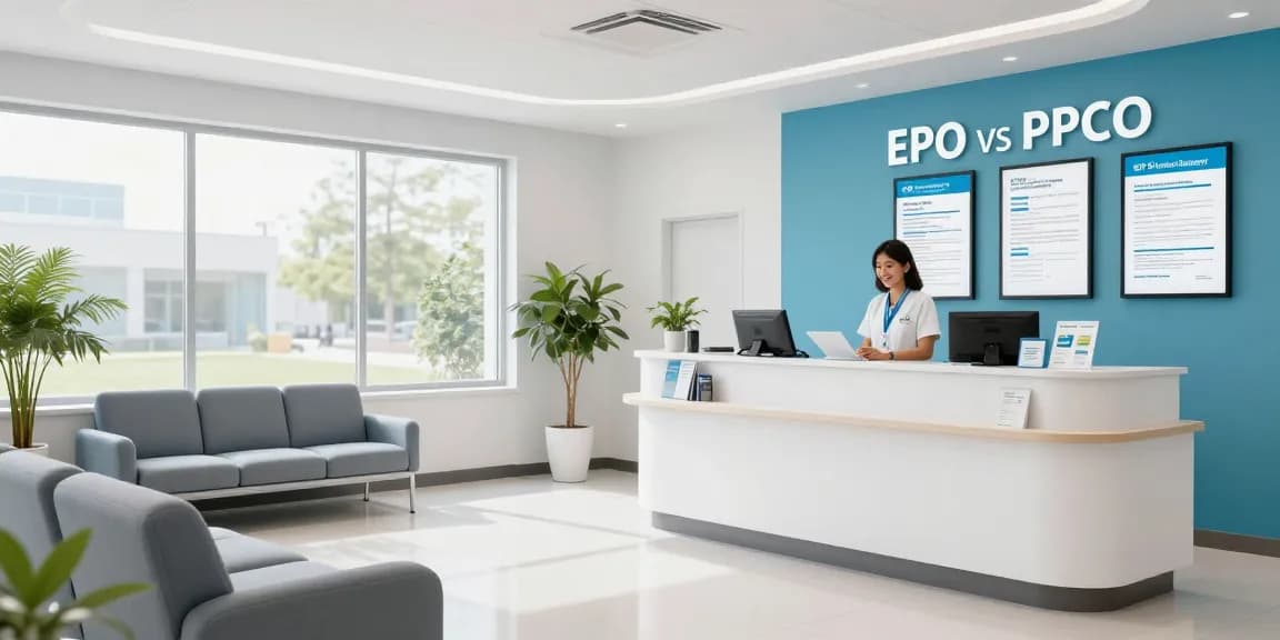 EPO vs PPO health insurance differences explained in a welcoming health clinic environment, highlighting medical services and patient care.