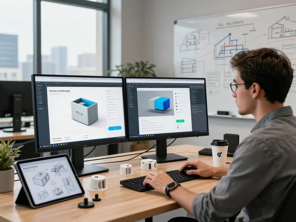 Interactive 3D product configurator software in a modern tech workspace showcasing product designs and customization options.