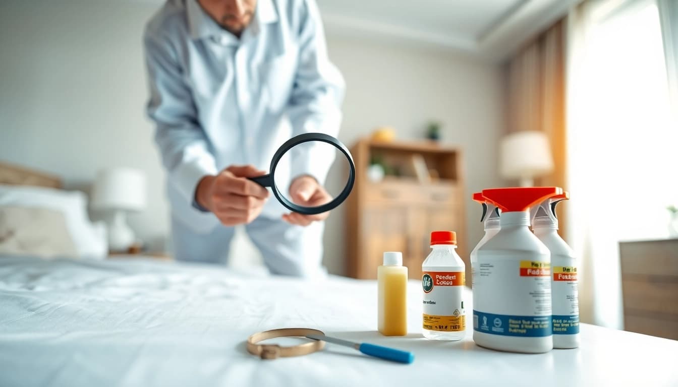 Assessing bed bug treatment cost with a professional pest control expert in a clean bedroom.