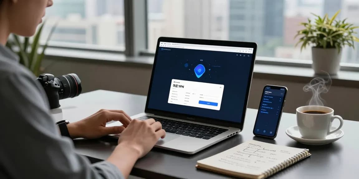 快连 VPN 应用程序在具有生动城市景观的专业工作空间中的笔记本电脑上显示。