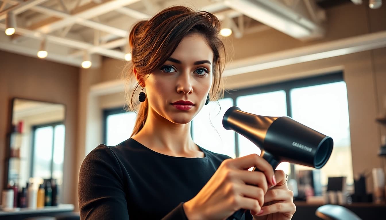 Stylist using a hair dryer for frizzy hair in a trendy salon.