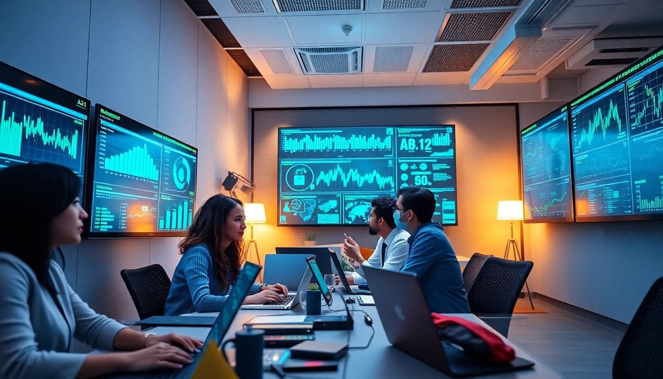 Cybersecurity AI professionals analyzing analytics in a modern office.