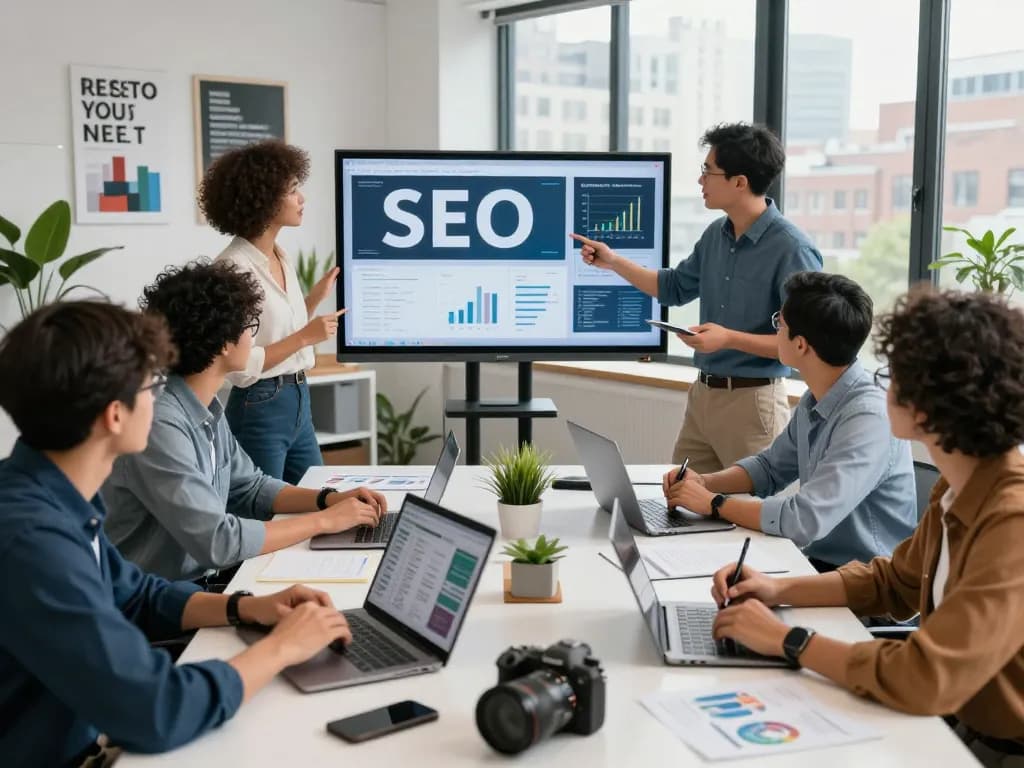 Dynamic team of SEO experts collaborating in NYC office to boost online visibility.