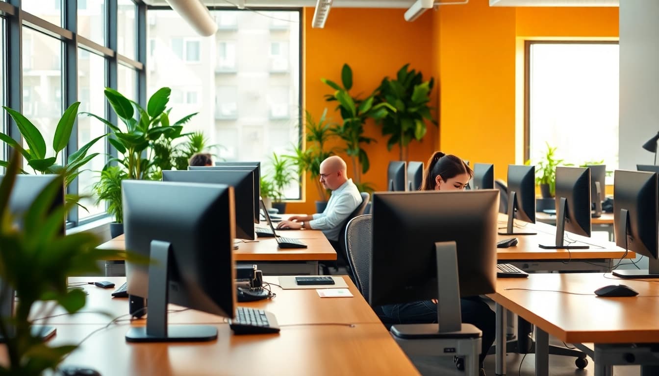 People engaged in productive tasks at a typing center, showcasing a modern workspace.