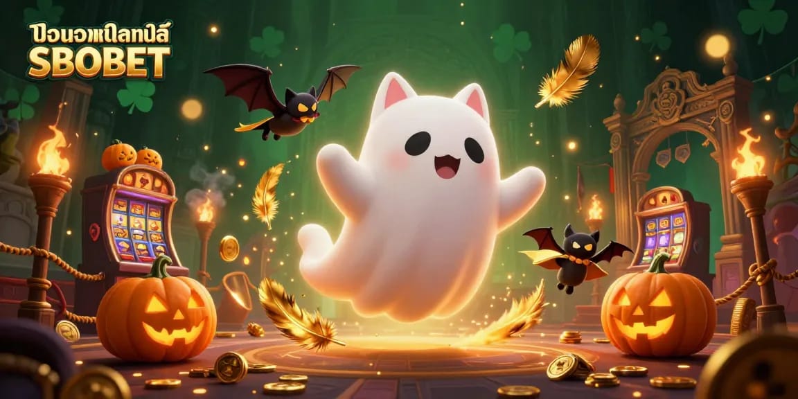 Engaging แทงบอลออนไลน์ SBOBET 3D illustration showing a friendly ghost cat in a lively casino scene.