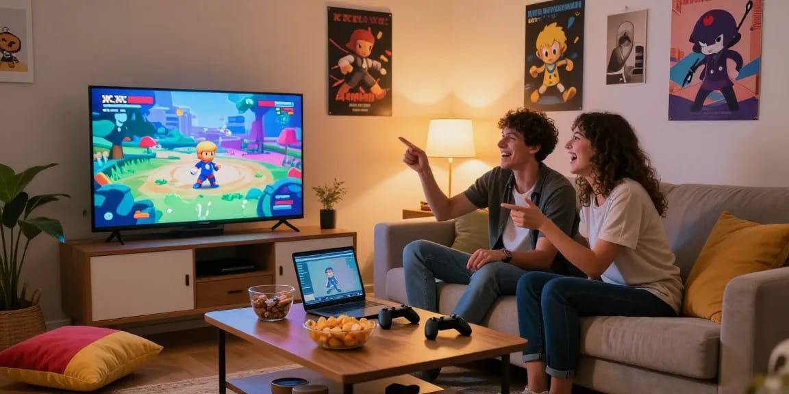 Couple enjoying xxx games on a cozy couch, surrounded by snacks and game posters.
