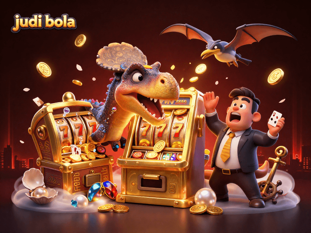 Experience judi bola excitement with a dinosaur-themed jackpot explosion in a lively casino scene.