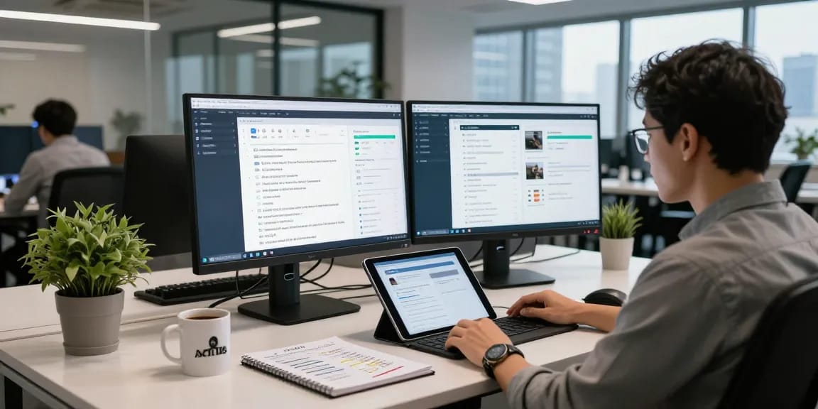 AI detector in action with an analyst monitoring content moderation data in a modern workspace.