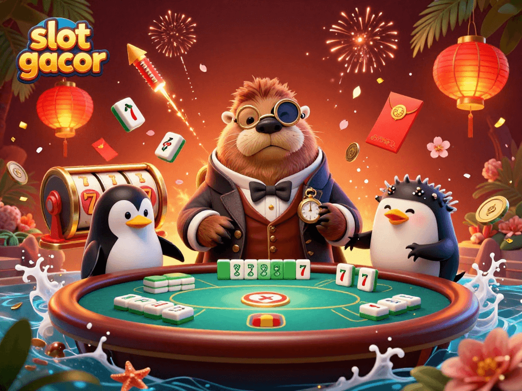 Engage with slot gacor in this vibrant underwater casino scene featuring a jolly walrus, sophisticated dealer, and a bluffing pufferfish.