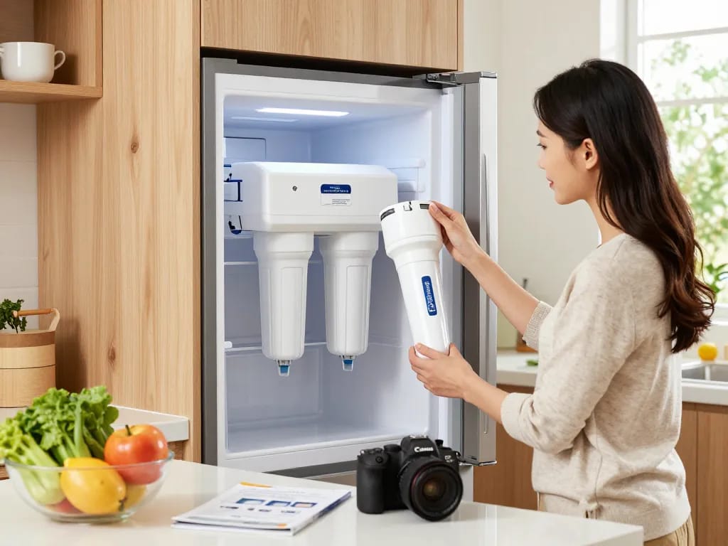 Woman replacing Waterdrop Plus LT1000PC ADQ747935 Refrigerator Water Filter in a bright, welcoming kitchen.