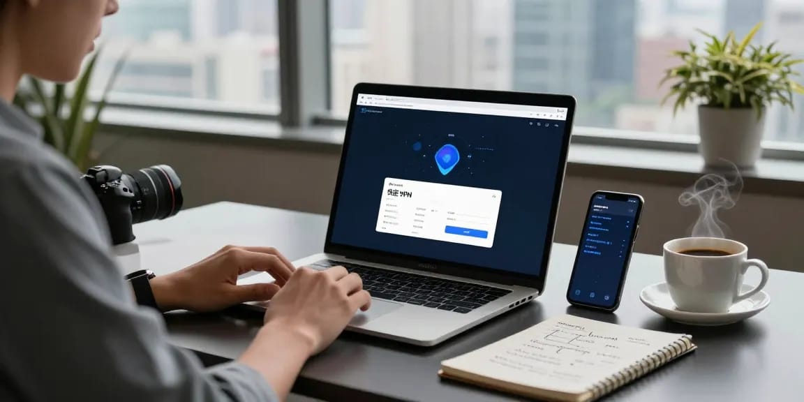 快连 VPN 应用程序在具有生动城市景观的专业工作空间中的笔记本电脑上显示。