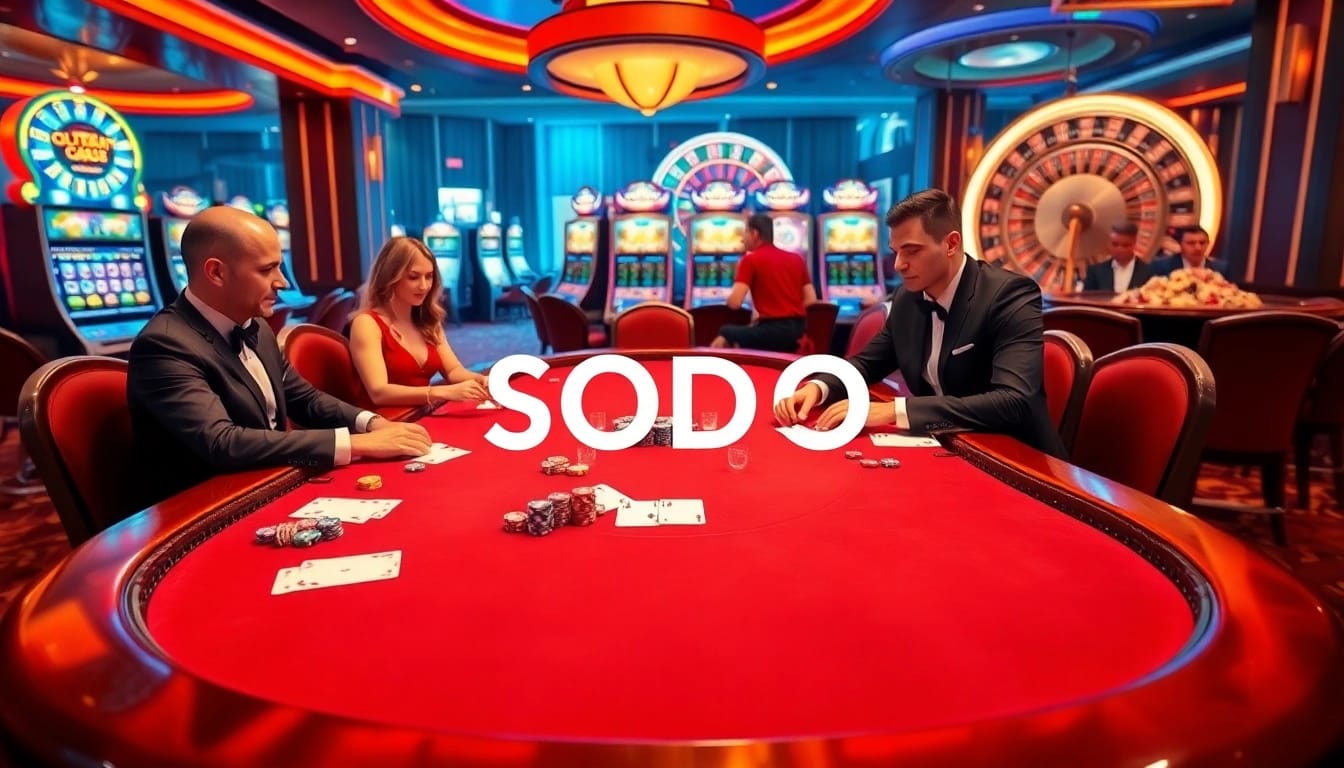 SODO casino scene featuring high-stakes poker with players, chips, and illuminated slot machines.