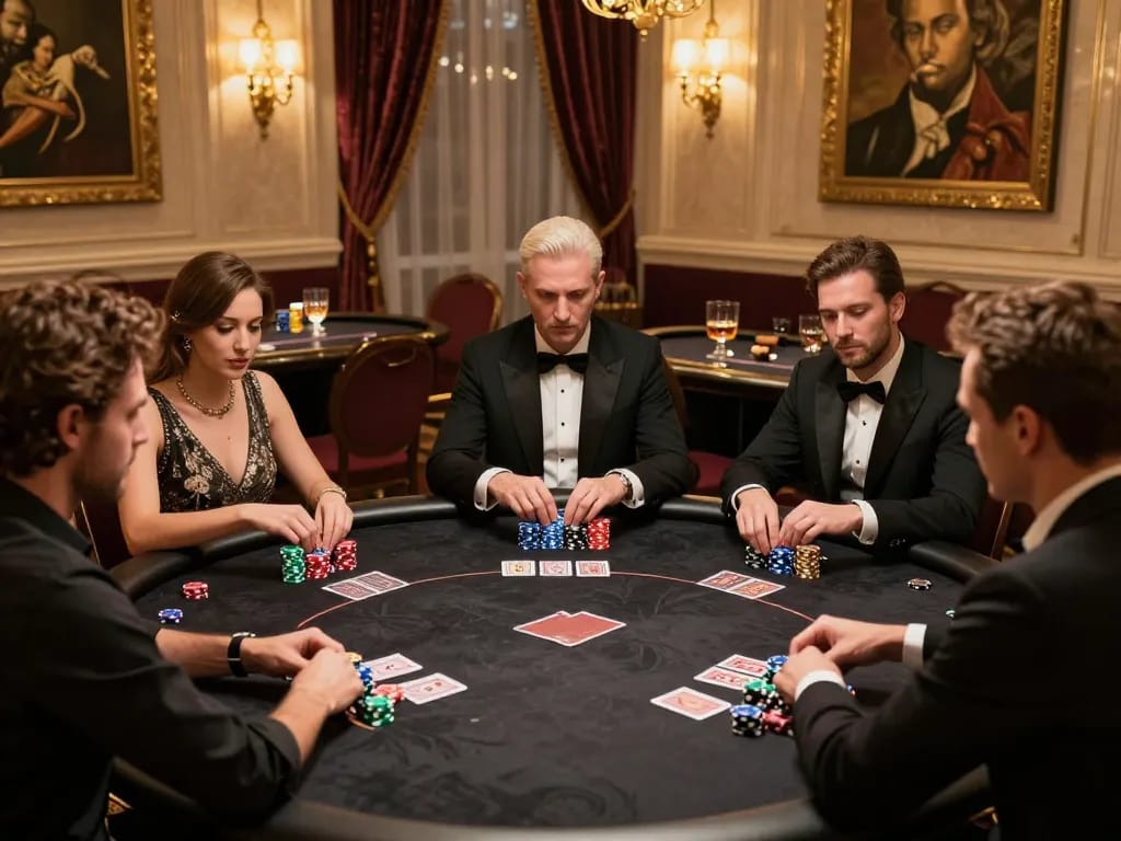 Experience high-stakes gameplay at MM88 poker table surrounded by luxury in a VIP casino atmosphere.
