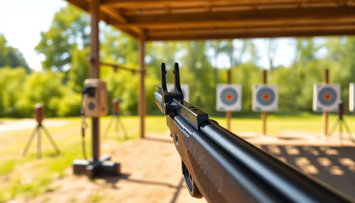 Showcase the Alamo 15 trigger, highlighting its precision and design in an outdoor shooting range setting.