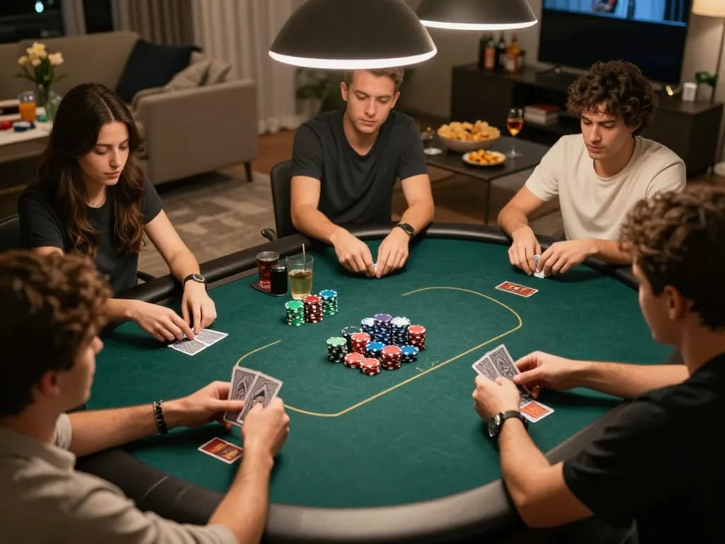 8kbet players strategizing in a friendly poker game at home, showcasing cards and chips.