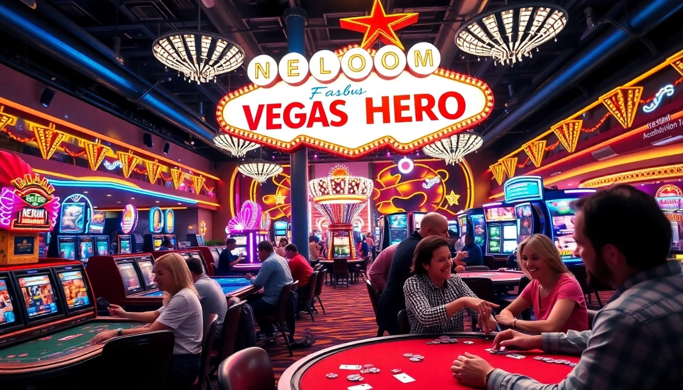 Experience the excitement of Vegas hero with players enjoying casino games and vibrant lights.
