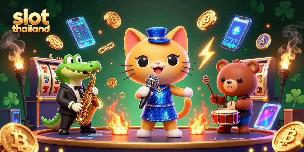 Experience excitement in slot thailand with a cartoon jazz cat, crocodile, and bear cub on stage.