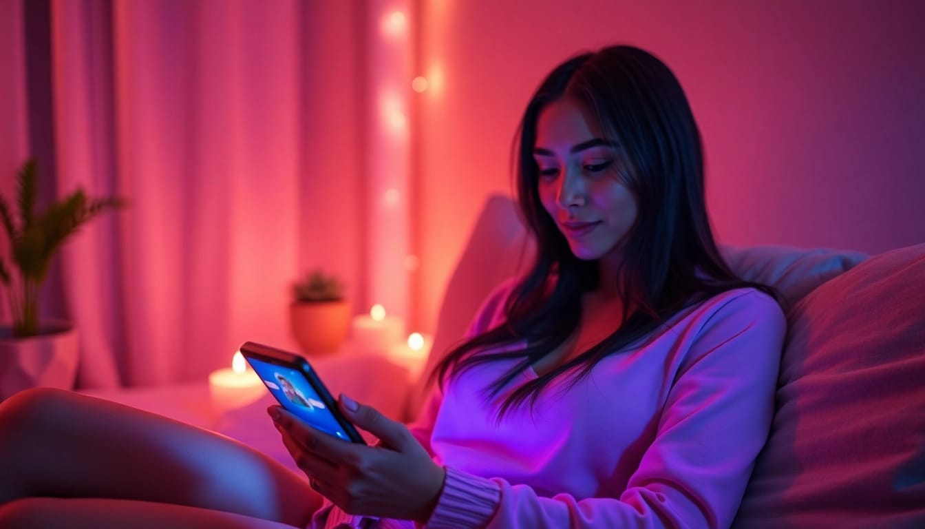 Engaging scene of ai sexting on a smart device in a cozy, inviting atmosphere.