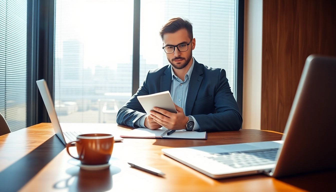 Candidate engaged in Interview preparation near me with focus and determination in a spacious office.