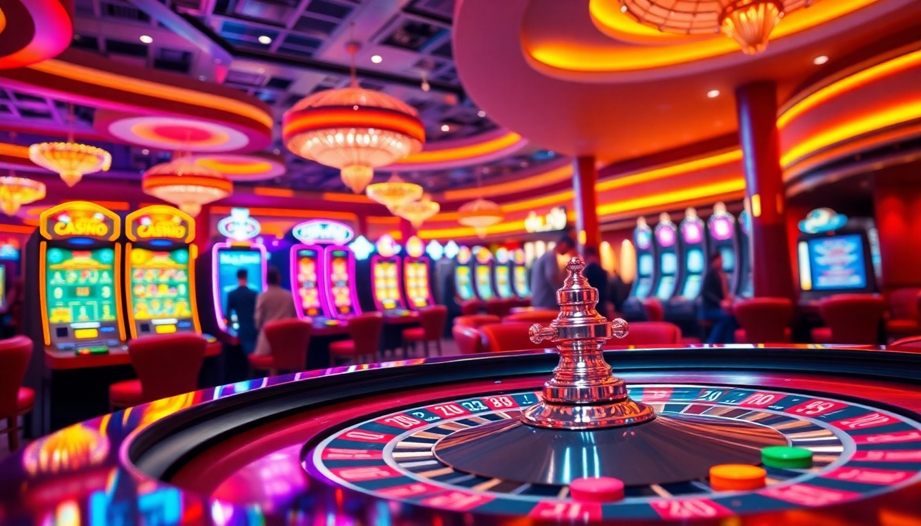 Spannende Spiele in einem Casino Online Spiele erleben mit bunten Spielautomaten und Roulette-Tisch.