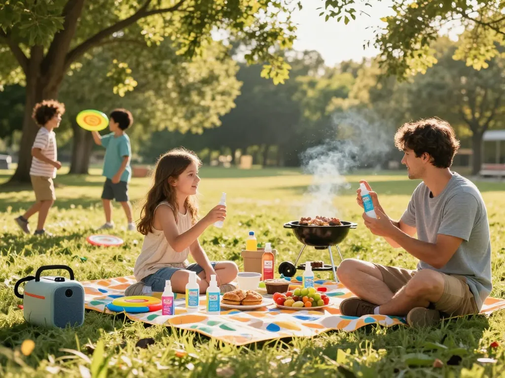 Family using mosquito repellent during a picnic to stay bite-free
