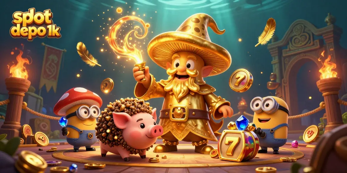 Slot depo 1k menghadirkan petualangan judi dengan gambar penyihir berbentuk jamur berkilau, babi truffle, dan minion jamur di tengah harta karun.