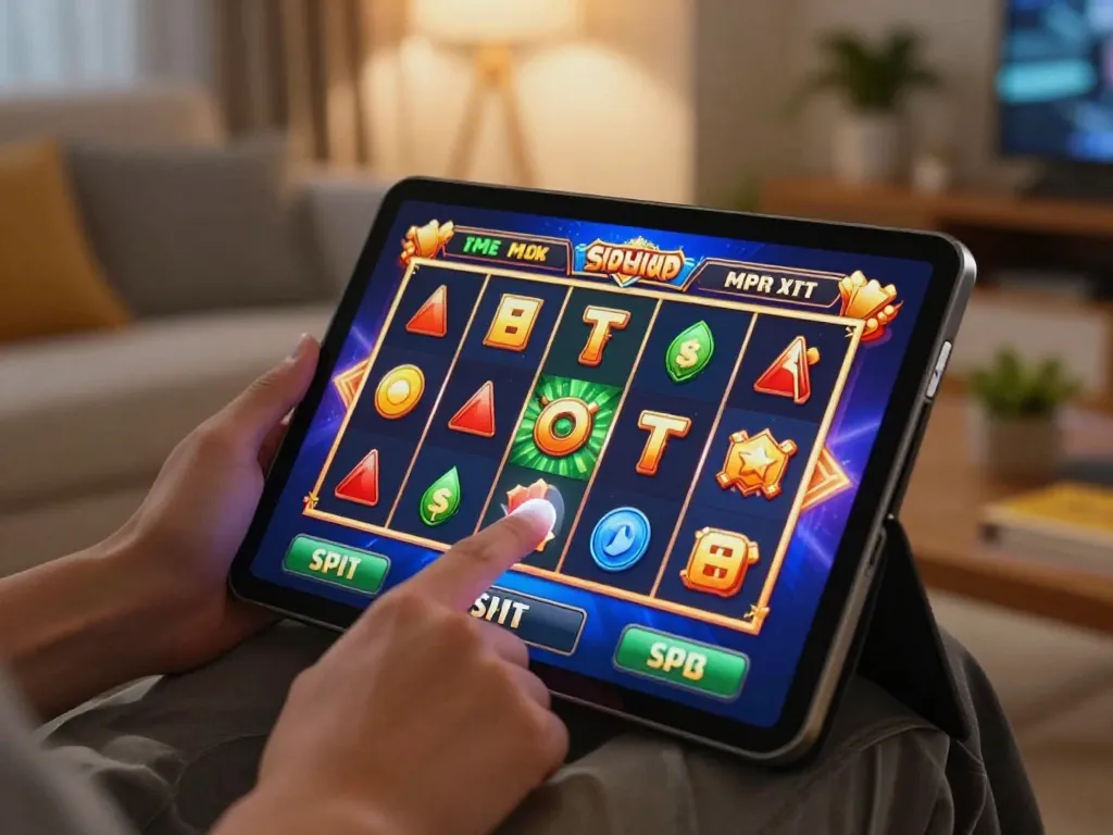 Engaging in an exciting slot game on a tablet, showcasing colorful reels in a cozy living room.