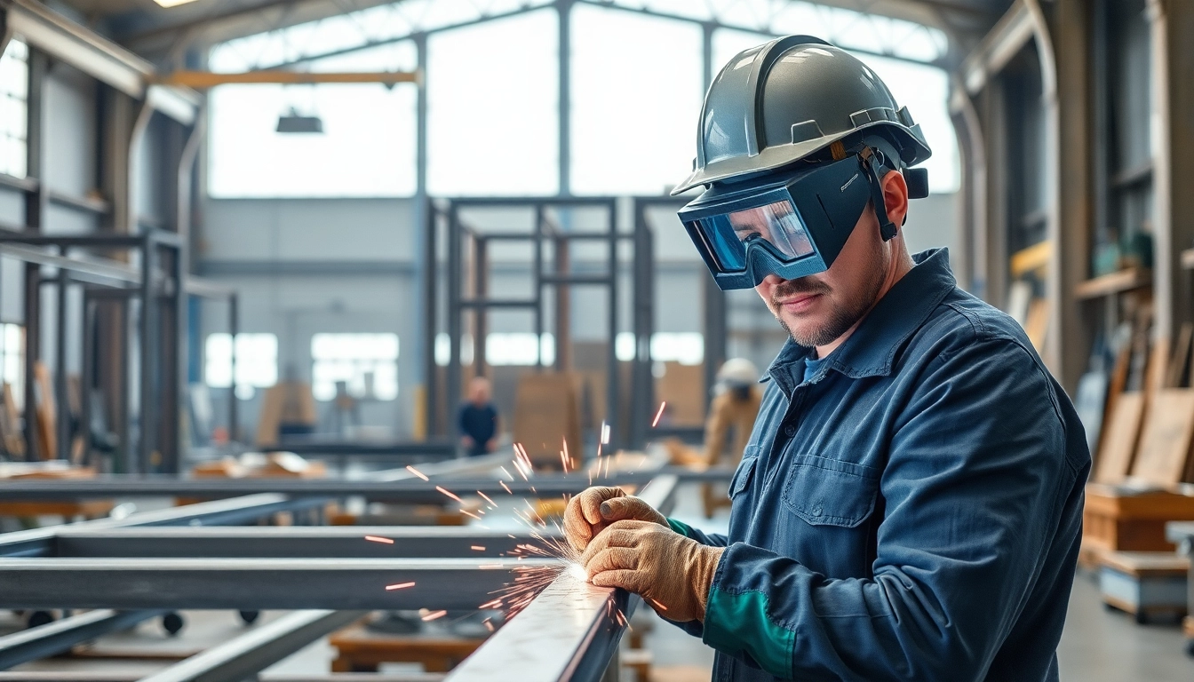 Expert in structural steel welding demonstrating precision and technique in a bright industrial workshop.