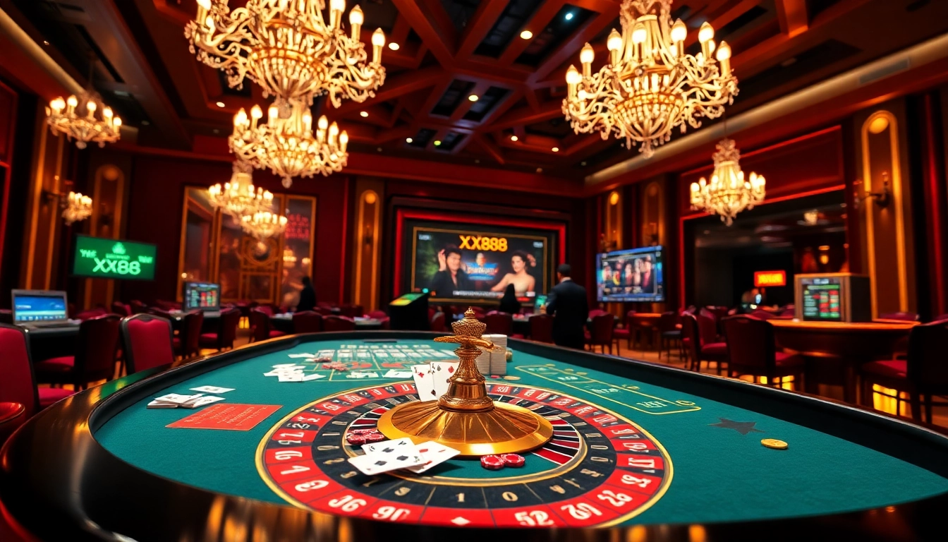 Engaging gaming atmosphere at Nhà cái XX88 with roulette and poker tables in a vibrant casino.