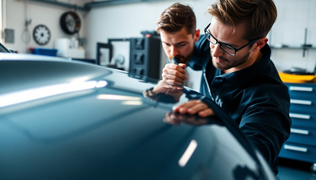 Apply ceramic coating near me for a glossy finish on a vehicle in a modern garage.