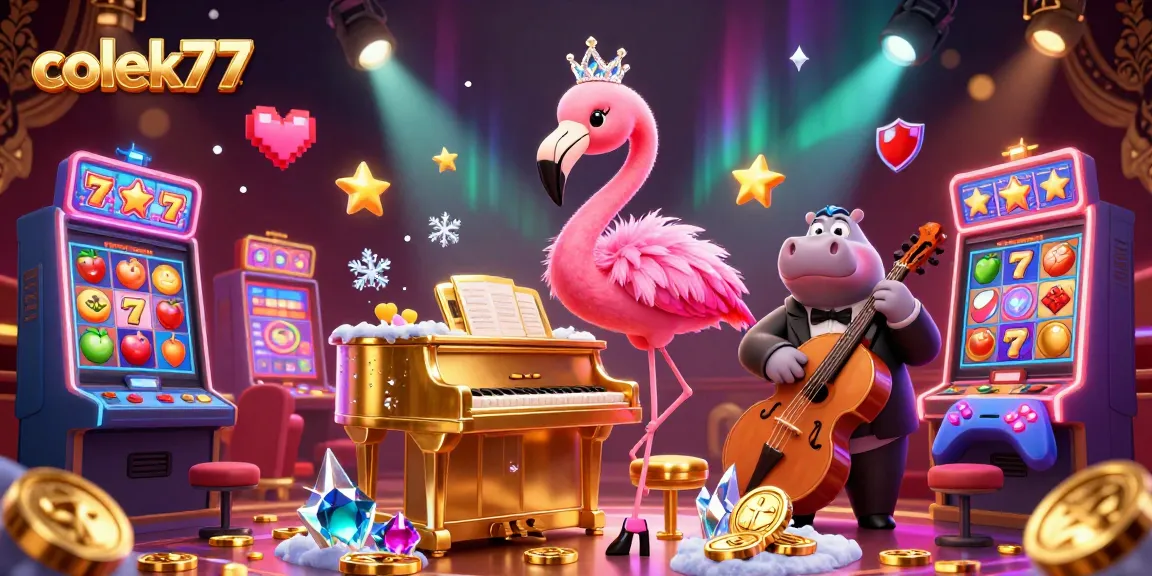 Engage with colek77's vibrant casino scene featuring lively characters and colorful slot machines.