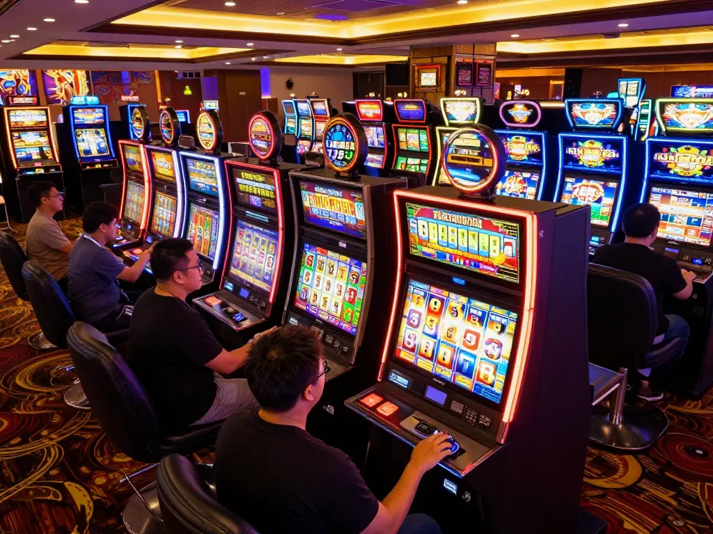 Engaged players experiencing slot gacor hari ini on colorful machines in a lively casino atmosphere.