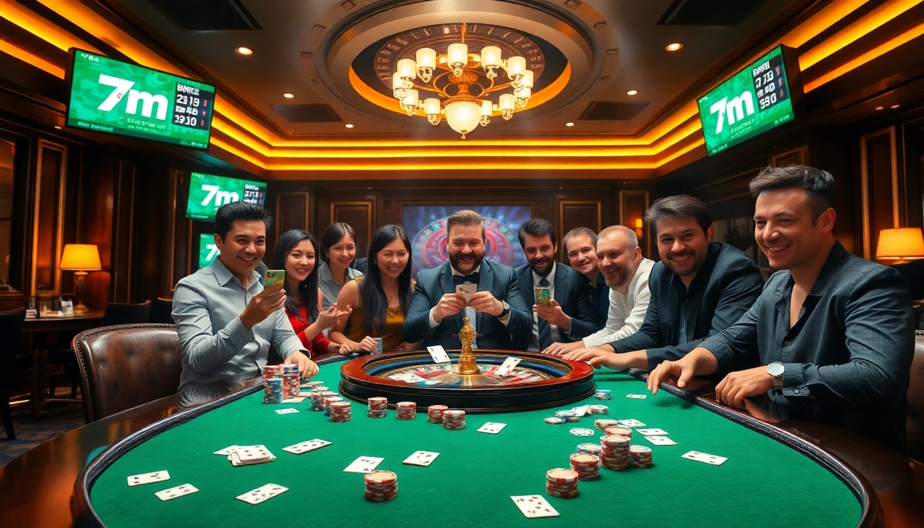 High-stakes poker table with diverse players and "7m cn" digital sports scores.