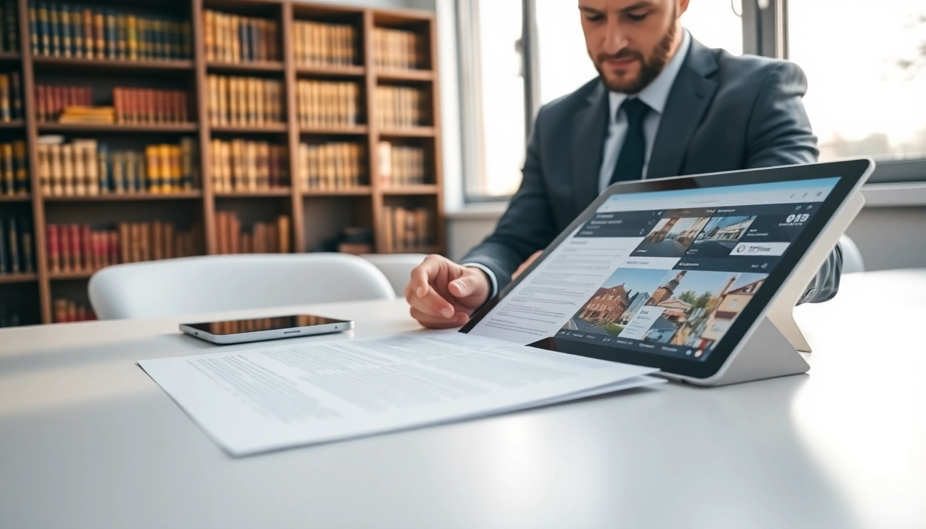 real estate lawyer reviewing essential legal documents in a modern office environment