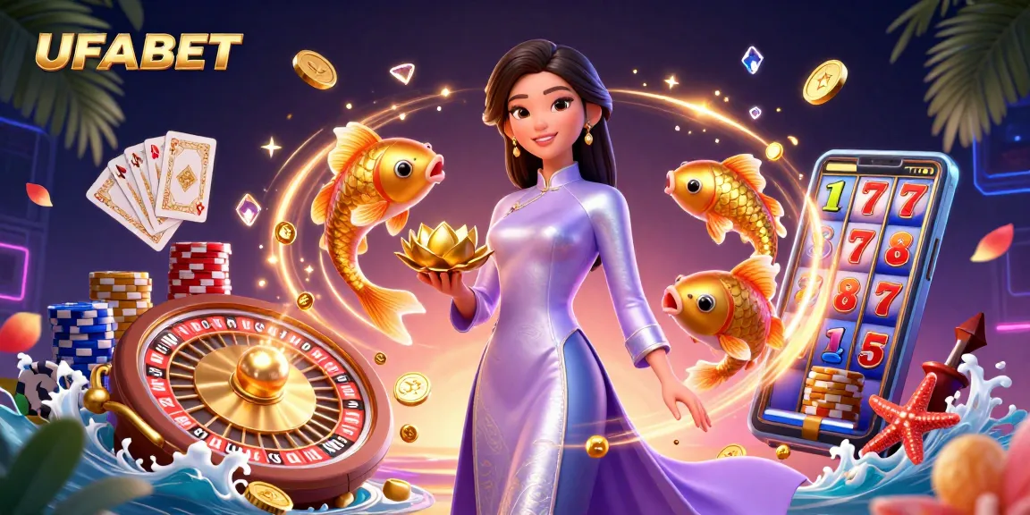Experience UFABET's vibrant casino scene with an elegant woman and rich gaming elements.